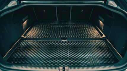 A spacious car trunk with a detailed and textured mat, illuminated by subtle interior lights.
