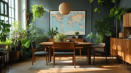Chic botanical dining room boasts wooden furnishings, lush plants, ample natural light, a poster map, and sophisticated accents, reflecting modern home decor trends. 