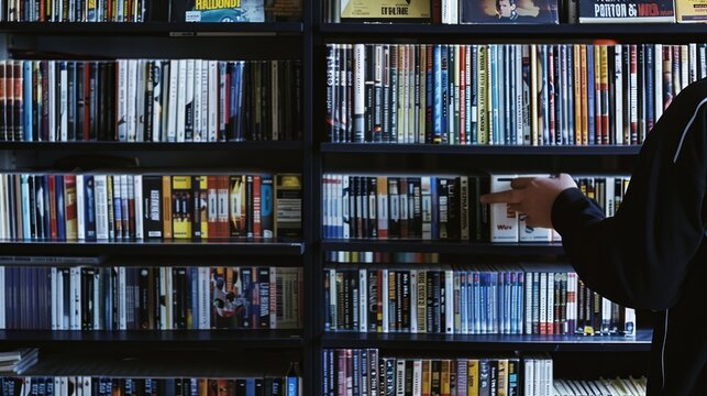 A person points at a specific DVD title among a vast collection in a well-organized, brightly lit shelf, reflecting the joy of choice.