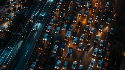 Aerial view of a congested urban highway illuminated by countless car headlights during a bustling nighttime.