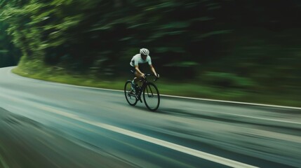 Obraz premium A cyclist dressed in white zooms down a lush, winding road, their figure a blur of speed amid the surrounding greenery.