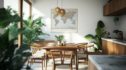 Fototapeta premium Chic botanical dining room boasts wooden furnishings, lush plants, ample natural light, a poster map, and sophisticated accents, reflecting modern home decor trends. 