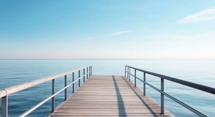 Obraz premium Quiet wooden pier overlooking tranquil blue ocean under clear sky during daytime