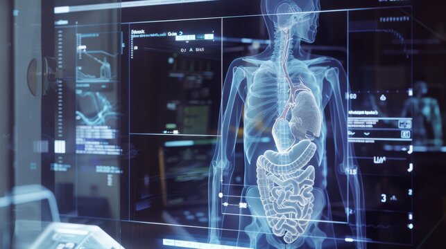 A high-tech medical interface displays a human skeleton in a digital X-ray format, surrounded by detailed data and technical medical information.