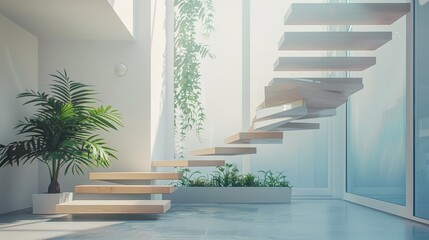Fototapeta premium A modern, floating staircase bathed in daylight features lush indoor plants and a clean, bright design, emanating an airy, serene ambiance.