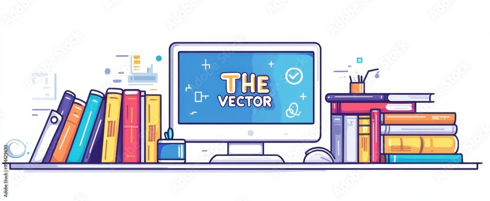 Poster modern workspace with a computer displaying the text 'the ' surrounded by books, plants, and a lamp