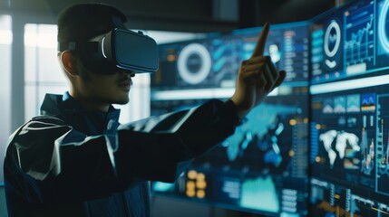 A person uses a VR headset to interact with multiple digital screens, showcasing the immersive potential of virtual reality in tech environments.