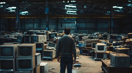 A person stands amidst countless old televisions in a dimly lit, vast warehouse, surrounded by memories of past technologies.