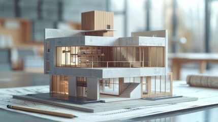 A sleek architectural model of a contemporary house, displayed on a desk with blueprints and a pencil nearby.