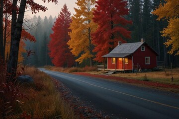 autumn landscape with a house in forest