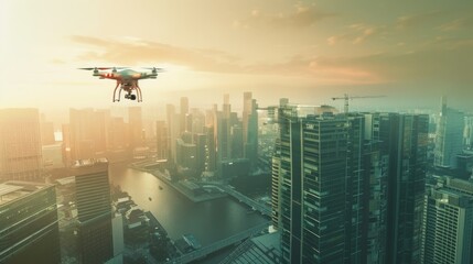 Naklejka premium A drone hovers over a sprawling city skyline during sunset, capturing an awe-inspiring aerial view of the urban landscape bathed in golden light.