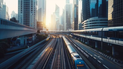 Fototapeta premium A modern city scene at sunset featuring a high-speed train gliding through a sleek urban landscape of tall buildings and intertwined railways, exuding a sense of dynamic motion.