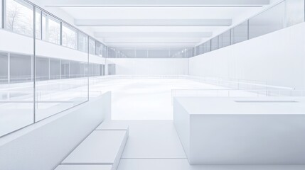 Obraz premium A minimalist ice skating rink with white walls, clear barriers, and minimalist seating around the perimeter The space is designed to feel open and uncluttered, emphasizing the activity of skating