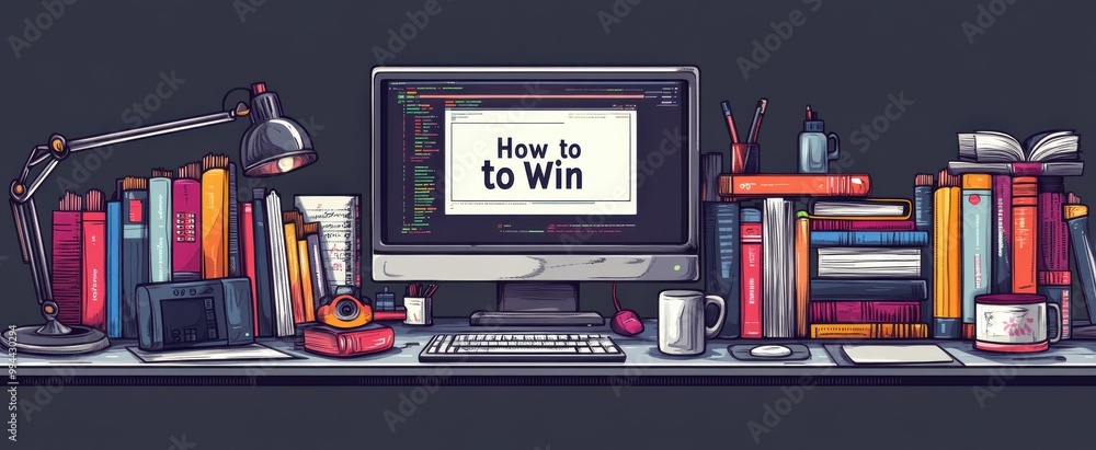 Poster digital success concept with computer displaying 'how to win' surrounded by colorful books and stati
