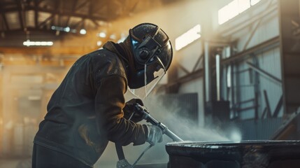 A factory worker in protective gear uses a high-pressure tool in a large industrial space filled with beams of light.
