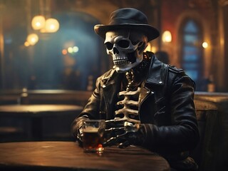 Skeleton drinking in a bar