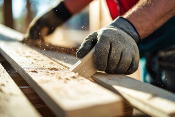 Closeup of a hand in a work glove sanding wood