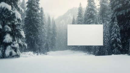 Snow-covered landscape with a blank canvas surrounded by frosty evergreen trees in winter