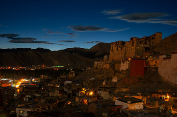 Leh Palace by night, it is a former royal palace overlooking the city of Leh in Ladakh, India