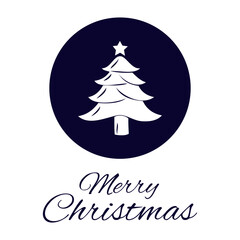 Christmas tree with a star and congratulatory text “Merry Christmas”. Round flat icon. Vector on white background