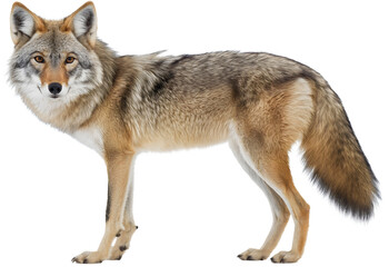 Fototapeta premium Isolated coyote portrait, grey wolf like dog in wildlife, predator animal face with fur, wild forest mammal head, carnivore canine nature background, beautiful hunter profile