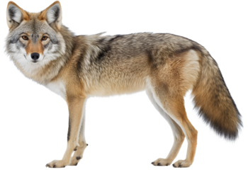 Isolated coyote portrait, grey wolf like dog in wildlife, predator animal face with fur, wild forest mammal head, carnivore canine nature background, beautiful hunter profile