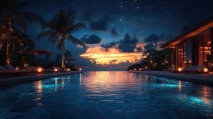 luxurious tropical resort pool illuminated by ambient lights under a starlit sky inviting tranquility and relaxation in an exotic nighttime paradise