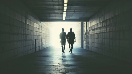 Two figures walk into the light at the end of a tunnel, casting long shadows in a dramatic, symbolic scene of hope or transition.