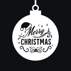 White silhouette of a Christmas ball with greeting text. Isolated vector on black background