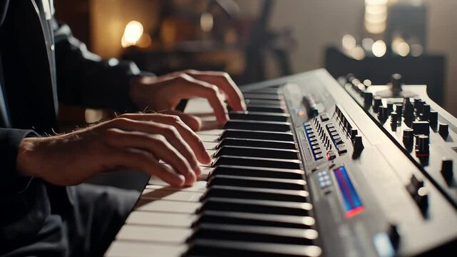 Musician playing keyboard synthesizer instrument