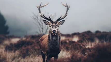 Majestic deer with impressive antlers stands in a foggy meadow, exuding grace and strength amidst a serene landscape.