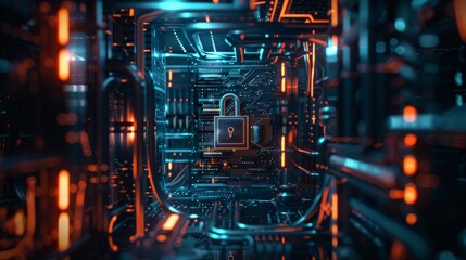 A futuristic lock system secures a complex network of glowing circuits, symbolizing high-tech security and data protection.