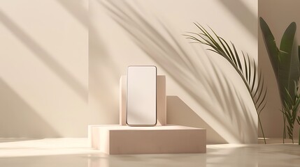 3d smartphone on blue cube podium floating on white copy space background. Realistic mobile phone with blank white screen. Minimal studio. ​Monotone pedestal mockup space for display app. 3d rendering