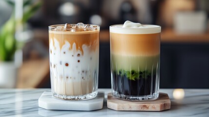 Glasses with cold matcha and latte coffee