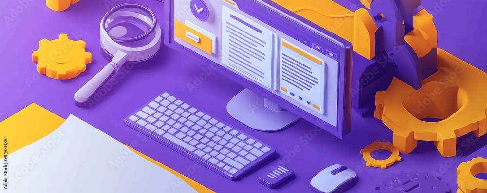 Poster stylized computer setup with yellow magnifying glass and gears showcasing web development and digita