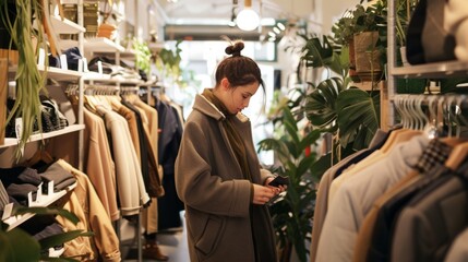 Fototapeta premium A woman browses attentively inside a chic boutique, surrounded by plants and natural light, reflecting a blend of modern style and nature.