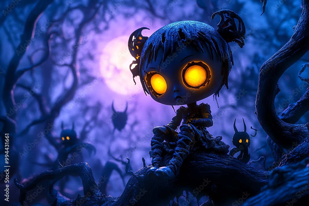 Poster a dark and eerie doll with glowing yellow eyes, sitting on a twisted tree in a haunted forest. shado