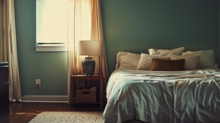 A serene bedroom illuminated by gentle morning light, showcasing a comfy bed adorned with pillows...