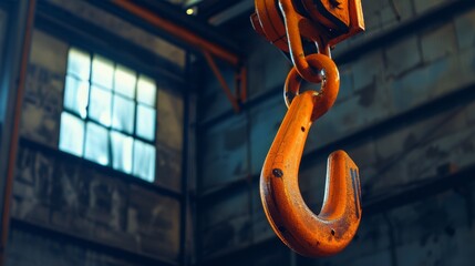 A rusted industrial hook dangles in an old factory building, hinting at past heavy work under large windows.