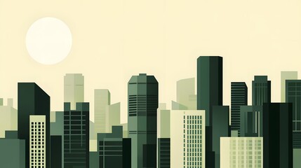 Fototapeta premium A flat illustration of an urban skyline made up entirely of green buildings, set against the backdrop of a pale sky with large white circles