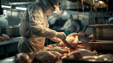 A worker in protective gear processes poultry in an industrial environment, focusing on hygiene and precision.