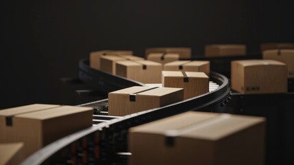 Numerous cardboard boxes move smoothly on a conveyor belt in a dimly-lit warehouse, highlighting streamlined and organized logistics operations.