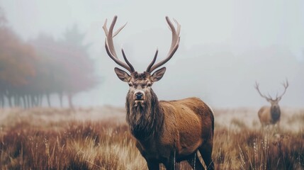 Obraz premium Majestic deer with sprawling antlers stands tall in a misty field, symbolizing nature's raw beauty and grace.