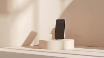 3d smartphone on blue cube podium floating on white copy space background. Realistic mobile phone with blank white screen. Minimal studio. ​Monotone pedestal mockup space for display app. 3d rendering