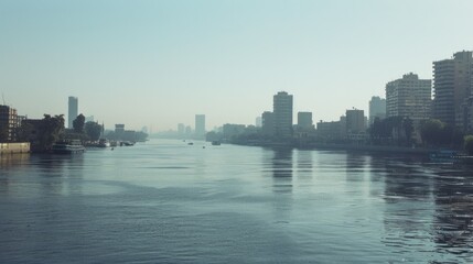 Obraz premium A misty river view with high-rise buildings lining the waterfront, calm waters reflecting the morning haze under a clear sky.