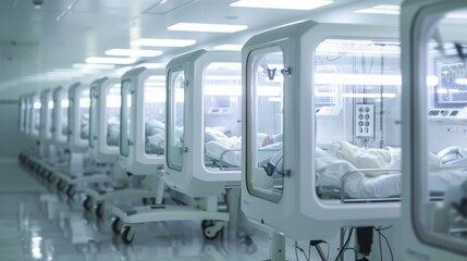 Obraz premium A pristine, high-tech medical facility featuring rows of advanced neonatal incubators, each housing a tiny, well-cared-for infant.