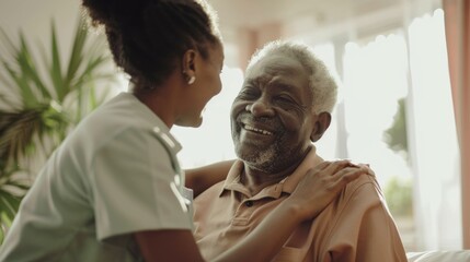 Fototapeta premium A warm, heartening moment between a nurse and an elderly man at home, their shared laughter encapsulating a bond of genuine care and affection.