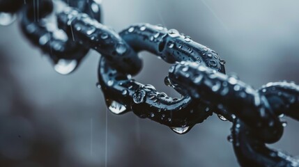 Close-up of a rain-soaked metal chain, with droplets delicately clinging to each link, captured on a gloomy day.