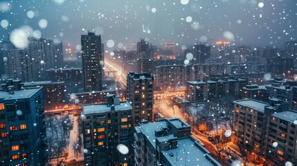 Fototapeta premium A snow-covered cityscape at dusk with glowing streetlights and buildings blanketed in snow, creating a serene winter wonderland atmosphere.