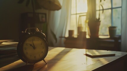 An antique alarm clock sits on a wooden table bathed in sunlight, with soft shadows cast across a cozy, well-lit room, evoking a warm morning ambiance.
